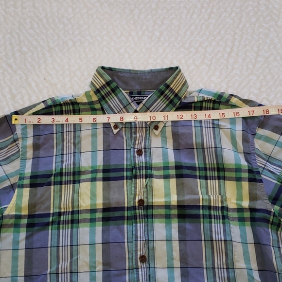 Lands End Plaid Short Sleeve Button Down Blue Gree - Picture 8 of 10